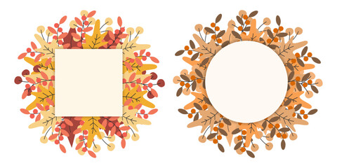 Autumn leaves, twig and berry wreath Square and Round Frame border Copy space Template concept Set 2