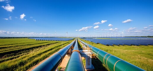 Pipeline crosses renewable energy farm, windmills & solar panels, blue sky
