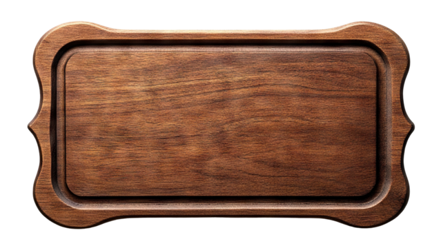 Blank polished wooden nameplate with carved details, isolated on transparent cutout background