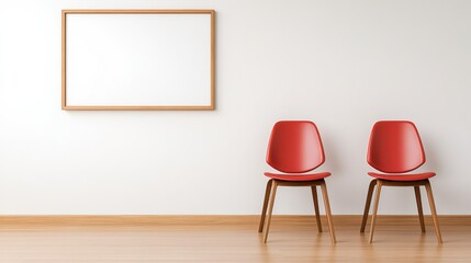 Fototapeta premium Waiting Room Minimalism: Two stylish red chairs stand ready beneath a framed blank canvas, symbolizing anticipation and potential within a modern, minimalist space. 