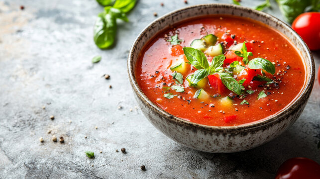 Chilled gazpacho soup served in a bowl over a light stone surface--captured in a top-down, flat-lay composition