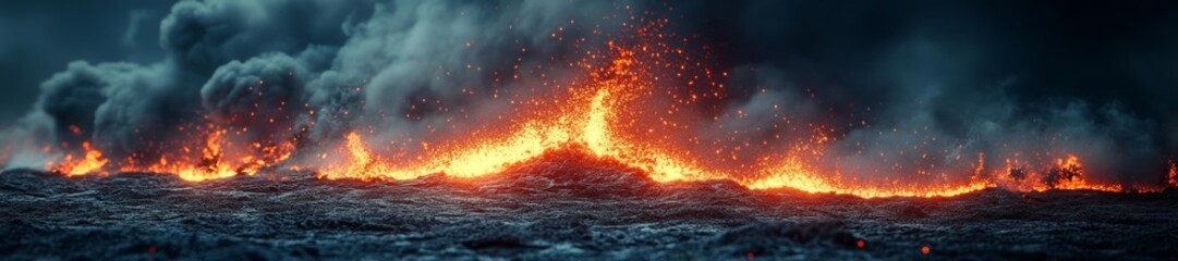Fototapeta premium Volcanic eruption on an island ash cloud settling on surrounding rocks and sea. Generative AI
