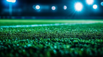 Naklejka premium Football field under dramatic stadium lights, abstract bokeh background, capturing intensity and focus. 