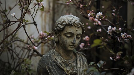 Obraz premium Weathered Statue with Blossoms: Serene Courtyard Sculpture 