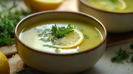 Exquisite lemon coriander soup, bursting with refreshing citrus and herbaceous flavors