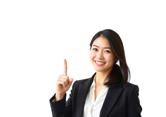 Smiling Business Woman Pointing Up on a White Background
