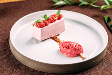 Portion of raspberry mousse dessert with ice cream