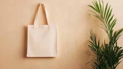 Eco-Friendly Tote Bag: A blank canvas tote bag hangs casually on a wall, beside a vibrant green plant, a symbol of sustainable living and eco-conscious choices.
