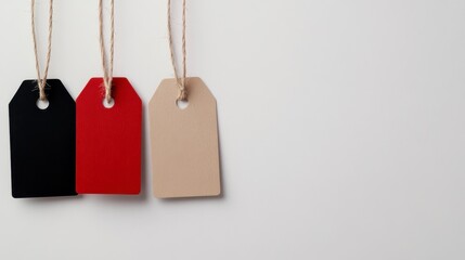 Price Tag Trio: Three blank price tags in black, red, and kraft paper, elegantly suspended by strings. This minimalist composition is ideal for showcasing prices or promotions.