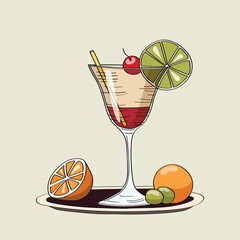 Hand drawn vector illustration of a cocktail with olives and citrus garnish