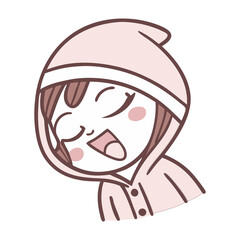 Obraz premium cartoon happy character with pink hood transparent png. cute joyful illustration with round face. minimalistic kawaii-style smiling figure.