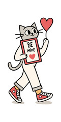 cartoon cat valentine illustration transparent png. anthropomorphic cat with love sign. cute feline holding be mine message.