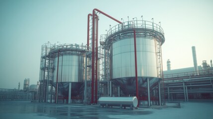 Obraz premium Industrial Tanks: Modern industrial tanks, gleaming silver against a muted sky, hinting at the processes of industry and technology. A visual representation of scale and infrastructure