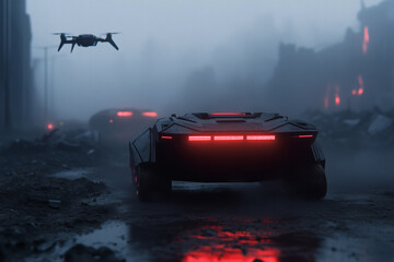 Futuristic vehicles amidst ruins and foggy haze.