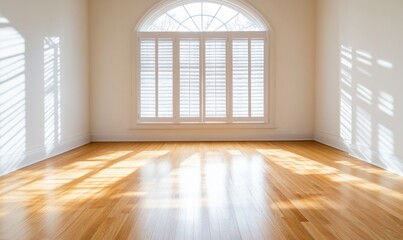 Empty room showcasing hardwood floor, arched window, and sunlit walls, for real estate