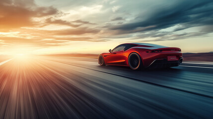 Fototapeta premium A luxury sports car speeds along the deserted highway, the sunset adding a vibrant touch to the scene.