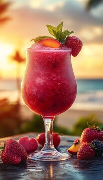 frozen sangria daquiri cocktail with mixed fruit in a chilled glass