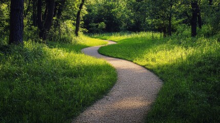 Obraz premium Winding pathway through meadow with gravel path and lush trees 