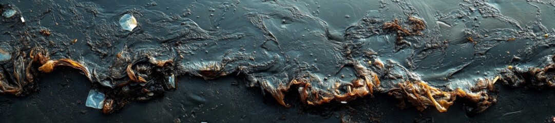 Naklejka premium Thick black oil covering the surface of a polluted bay with scattered plastic debris. Generative AI