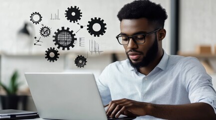 Innovation at Work: An focused black professional navigates a laptop, envisioning gears and diagrams, visualizing concepts of technology and science in a modern office setting.