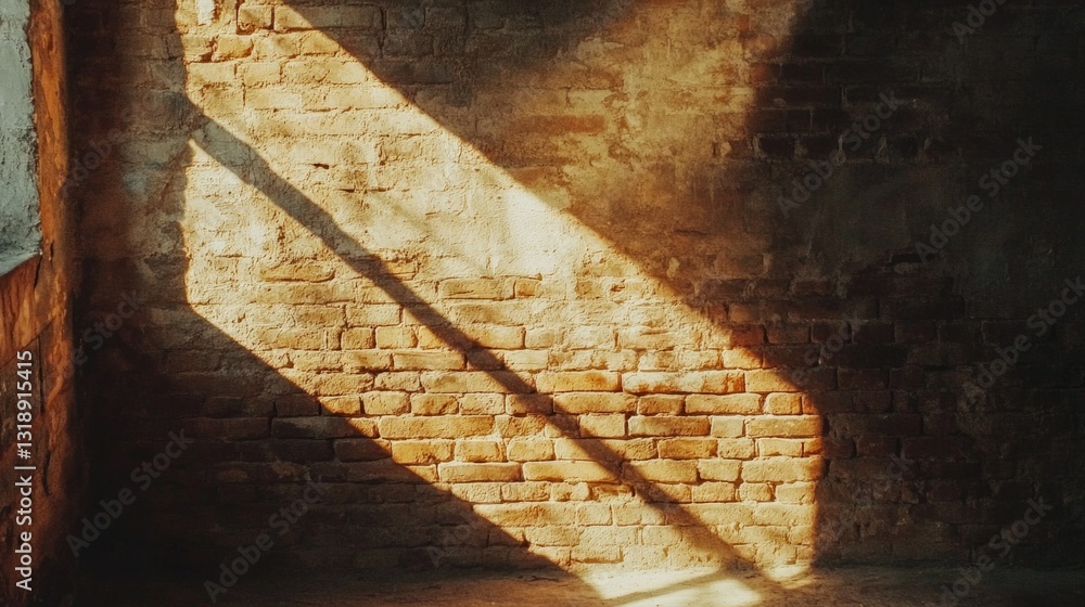 Poster golden rays of sunlight stream through a dusty window, illuminating the rough texture of exposed bri