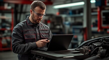 Obraz premium Mechanic's Digital Diagnostics: A focused mechanic, engrossed in his laptop and smartphone, uses cutting-edge technology to diagnose car issues in a well-equipped repair shop.