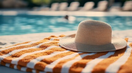 Serene poolside scene: A straw hat rests atop a vibrant striped towel, basking in the sun's glow beside a sparkling pool, offering a sense of tranquility and vacation bliss.