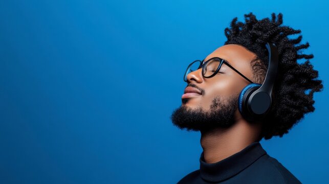 Serene Soundscape: An individual enjoys music with closed eyes, the background highlights the peace and tranquility that comes with listening.