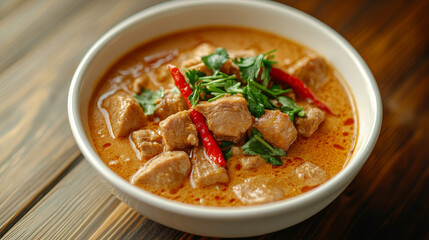 Thai-style Panang curry with pork, elegantly presented in a white bowl atop a wooden table