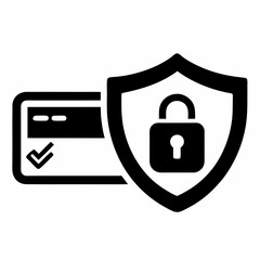 Obraz premium Black and white credit card protected by shield with padlock. Minimalist design emphasizes security elements on clean background. Concept payment processing, data protection, secure transactions.