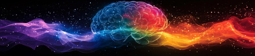 Obraz premium A radiant brain with colorful waves of energy surrounding it illustrating mental spectrum. Generative AI