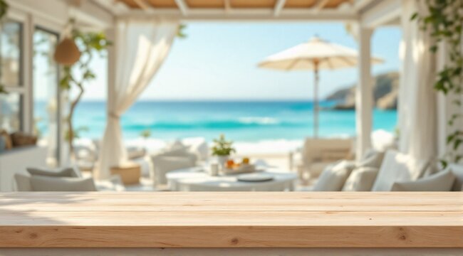 A clean wooden table with sharp focus in the foreground, with a beautiful beach view faintly visible in the background.