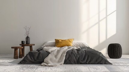 Generative AI, Minimalist Bedroom with Charcoal Gray Bedding and Mustard Yellow Accent Pillow