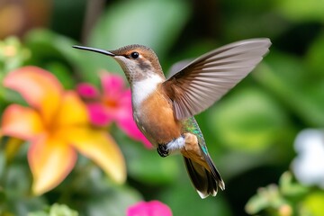 Fototapeta premium Hummingbird in flight, feeding among colorful flowers, blurred background