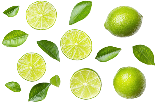 Fresh lime slices and leaves, vibrant design, isolated on transparent background