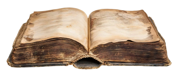 Open book with aged pages, isolated on transparent cutout background