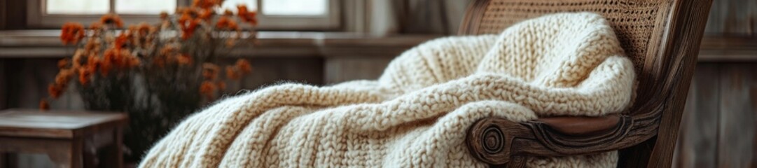 Luxurious Cashmere Blanket Draped Over Antique Chair in Warm Interior. Generative AI