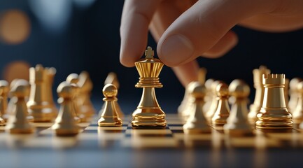 Strategic Move: Hand places a golden king chess piece on board, illustrating business strategy, planning and leadership.