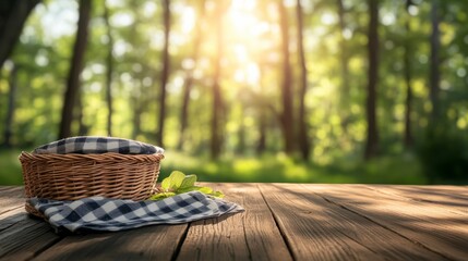 Fototapeta premium Picnic's Invitation: A rustic picnic basket, alongside a checkered cloth, rests invitingly on a wooden table with a blurred, sun-drenched forest backdrop.