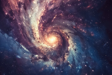 Obraz premium Spiral galaxy with a bright yellow star in the center. The galaxy is filled with stars and dust, and the yellow star is surrounded by a cloud of gas