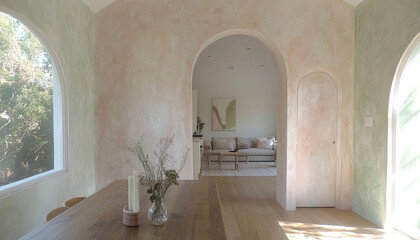 award-winning architecture magazine, photo taken from the perspective of the dining table, with a front view, open-plan kitchen, living room in the background, the design emphasizes natural lighting a