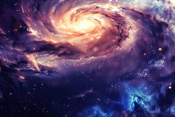 Spiral galaxy with a blue and purple hue. The galaxy is filled with stars and is surrounded by a dark blue background. Concept of wonder and awe at the vastness of the universe