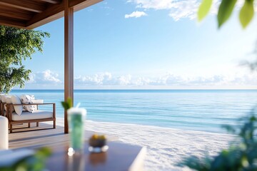 Beach view from patio with drink. Relaxing ocean scene for travel advertising