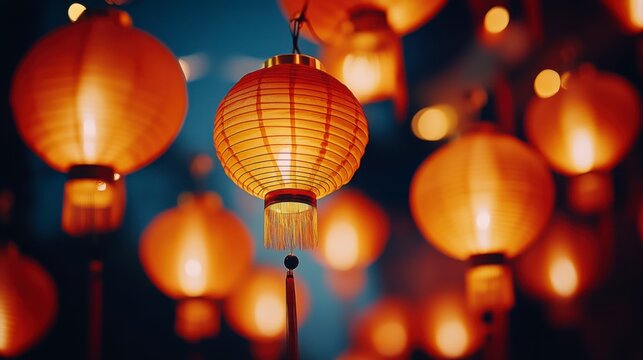 Illuminating Traditions: A vibrant array of glowing lanterns illuminates a celebratory scene, exuding warmth and cultural richness, creating a festive atmosphere