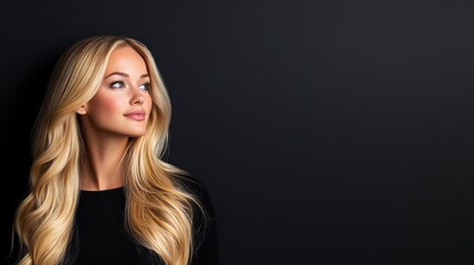 Fototapeta premium Golden Radiance: A beautiful woman with flowing, golden blonde hair is portrayed in a classic pose.