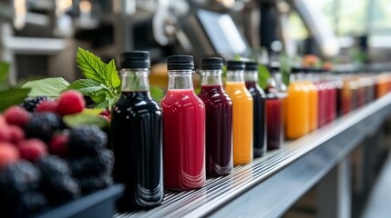 Bottled colorful fruit juices are displayed for consumers in a market/shop