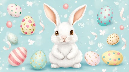 Cute Easter bunny with decorated eggs on blue background. Festive spring holiday greeting card with vintage ribbon and pastel colors for Easter egg hunt celebration.