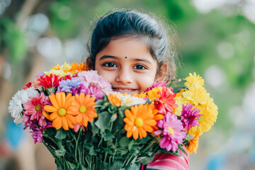 Fototapeta premium Portrait of a beautiful smiling Indian girl kid with a bouquet of spring flowers