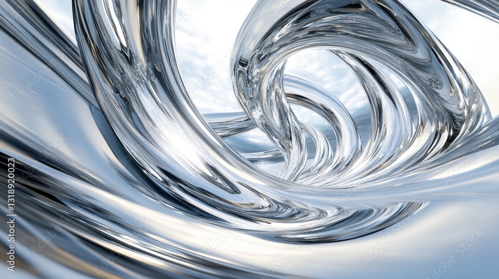 Poster 3d render of a spiral glass structure with fluid curves and glass-like reflections, creating a sense