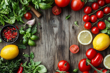 Fresh tomatoes basil lemons peppers wooden background rustic food on transparent background diet life